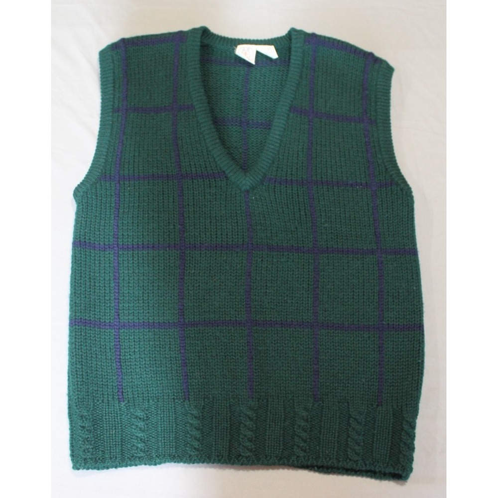 J G Hook 100% Wool Sweater Vest Green Blue Plaid Mens Large Vintage Academia